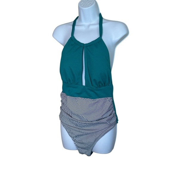 Cupshe Aqua Textured and Striped Halter Tummy Control One Piece Swimsuit Large - Picture 3 of 13
